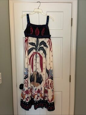 Women’s Cream Maxi Dress with Navy & Red Floral Tropical Boho Print